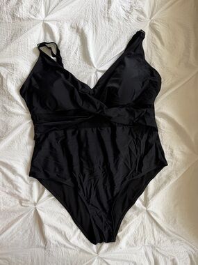 SHEIN Black One-Piece Swimsuit with V-Neck